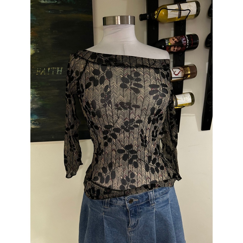 The Limited Sheer Mesh Off Shoulder Floral Chevron Top Brown Black Small